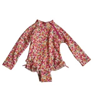 Jessica Simpson 12-18 M Floral Ruffle One Piece Swimsuit Pink Orange Long Sleeve